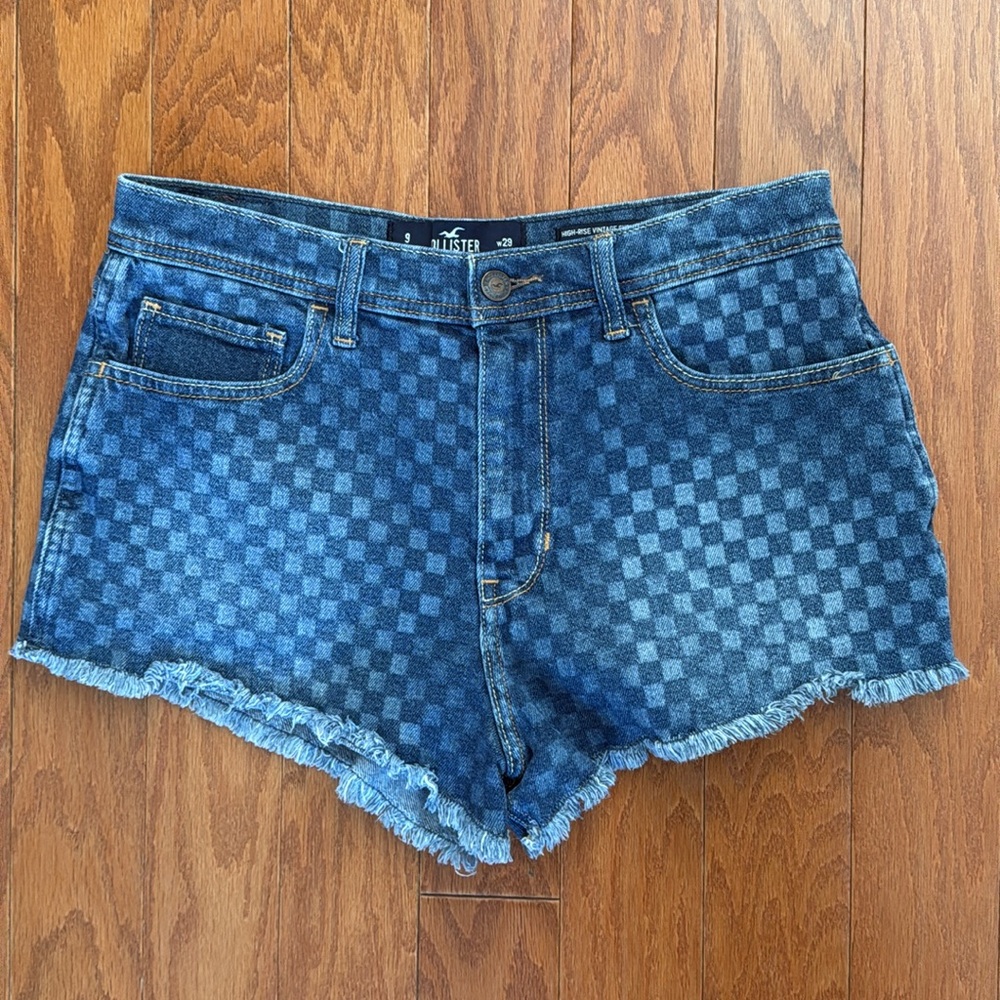 Hollister‎ High Rise Vintage Checked Denim Jean Shorts 9